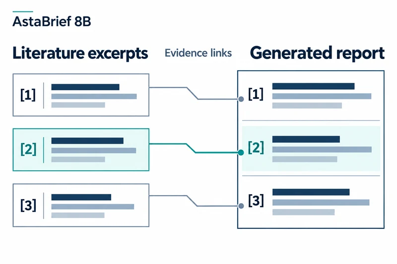 AstaBrief 8B concept diagram linking three numbered literature excerpts to corresponding report sections, with the second evidence link highlighted in teal; matching numbers identify each connection.