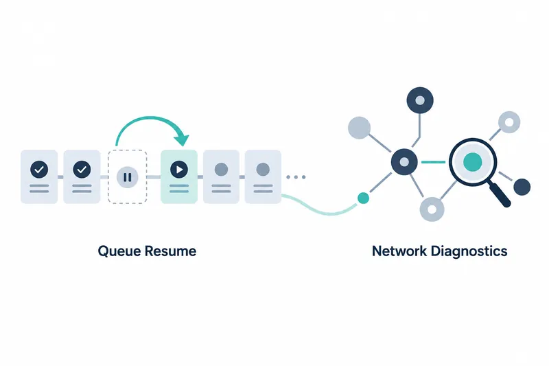 Conceptual illustration of a queued task resuming from a queue and a magnifying glass inspecting a network connection.