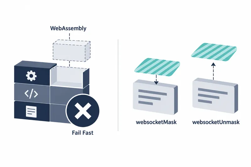 On a white background, the left shows an execution block missing a WebAssembly component and an error indicator. The right shows two side-by-side stages of covering and uncovering WebSocket data with a teal cover.