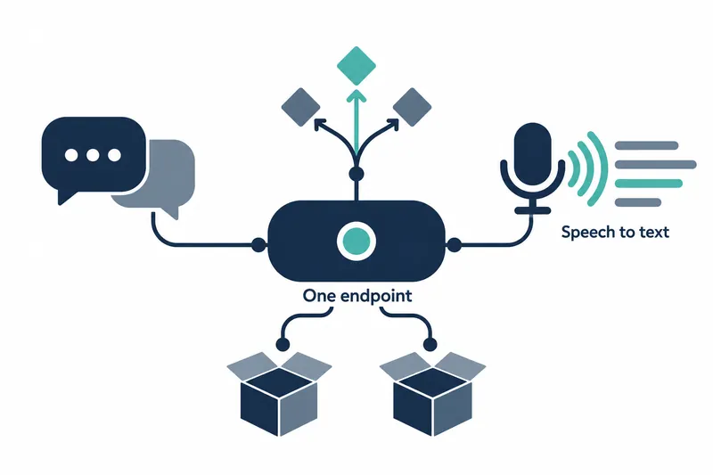 On a white background, a navy rounded rectangle with a teal circle sits in the center above the label 'One endpoint'. Lines connect two navy and blue-gray speech bubbles on the left and a navy microphone on the right. Beside the microphone are teal sound waves, blue-gray and teal horizontal lines, and the label 'Speech to text'. Above the center are three blue-gray and teal diamonds at the ends of a three-way arrow. Below are two open navy and blue-gray boxes beneath curved lines and dots.