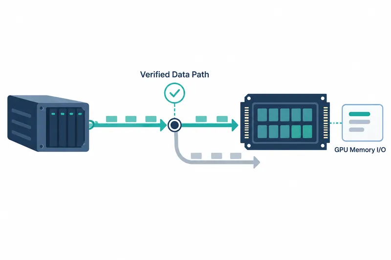 On white, navy storage and a GPU board link via a teal arrow; a gray branch bends below. Above is a teal circled check and 'Verified Data Path'; at right, a teal-dotted link leads to a rounded box above 'GPU Memory I/O'.
