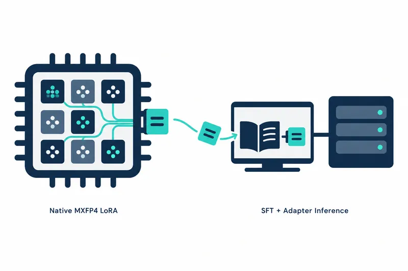 On a white background, a navy chip on the left contains navy and blue-gray blocks with teal links, labeled “Native MXFP4 LoRA.” A central teal card and curved arrows lead to a monitor showing a book and a teal card on the right. Beside it is a connected navy server containing three blue-gray bars with teal dots, with “SFT + Adapter Inference” below.