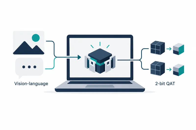 A 3D illustration on white. Left: a navy mountain and teal circle picture icon beside a gray three-dot speech bubble, with ‘Vision-language’ below. Their lines merge into an arrow to a modular navy, gray, and teal cube on a laptop screen. Right: lines from the screen lead to two vertically repeated sequences of a segmented navy cube transforming via a teal arrow into smaller gray, navy, and teal cubes, with ‘2-bit QAT’ below.
