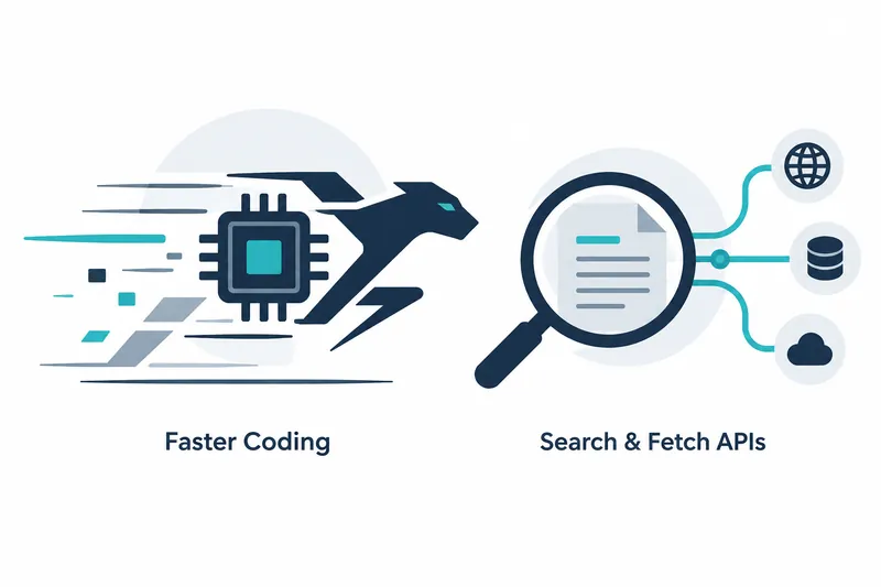 A horizontal diagram on white shows navy and blue-gray chips and speed arrows, with documents and a magnifying glass linked to the web, a repository, and a cloud in teal, depicting faster coding and Search & Fetch APIs.