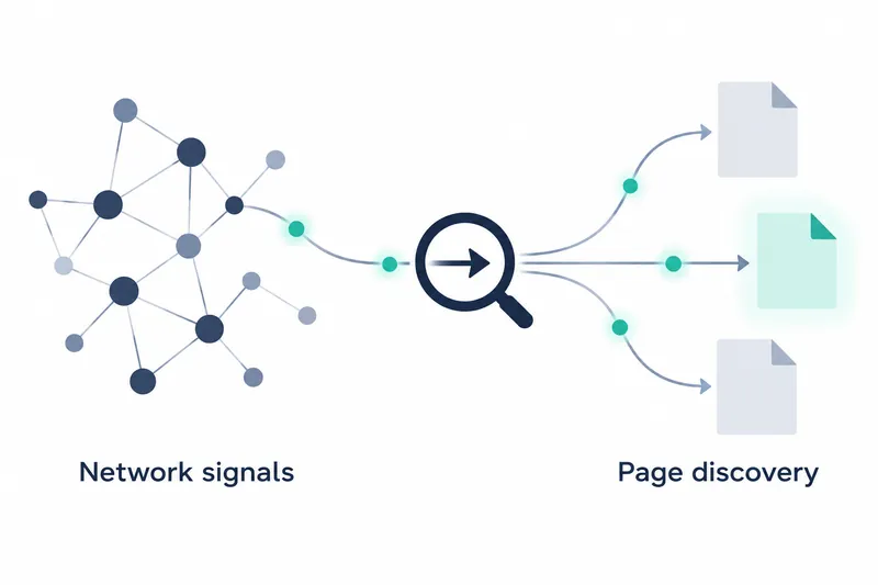 On white, navy and blue-gray circles form a network on the left, linked by thin blue-gray lines and labeled ‘Network signals’. A central navy magnifying glass contains a navy right arrow. Teal circles mark a blue-gray curve from the network to the glass and three blue-gray arrows branching right. Three document icons, pale blue-gray, mint, and pale blue-gray, are stacked on the right with folded upper-right corners, labeled ‘Page discovery’.