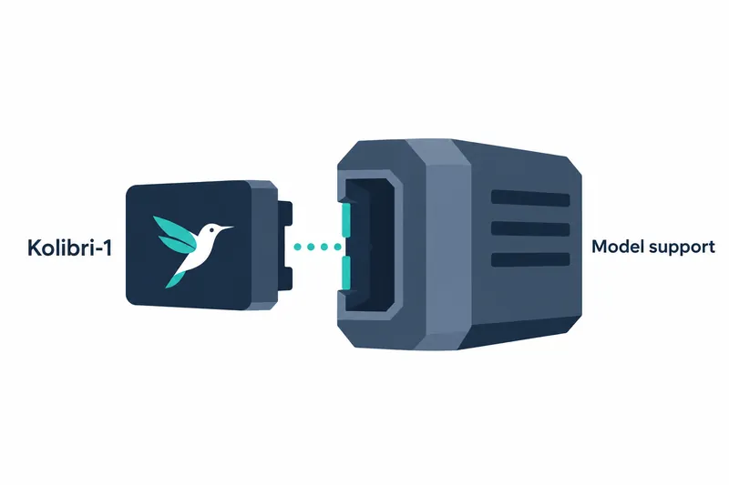 On a white background, a 'Kolibri-1' label sits beside a navy 3D block bearing a bird icon with a white body and teal wings and tail. To the right are four teal dots, a blue-gray 3D device with teal contacts and three navy horizontal grooves, and a 'Model support' label.