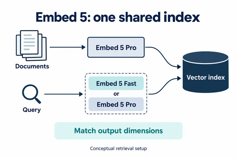 Documents pass through Embed 5 Pro into a vector index. Queries use Embed 5 Fast or Pro against the same index, with matching output dimensions.