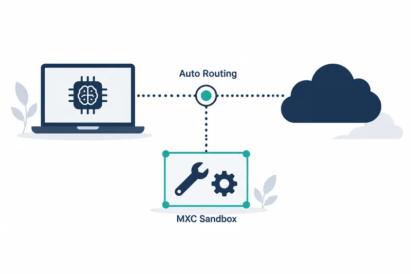 On a white background, a navy laptop with a brain-shaped chip sits left of a navy cloud. A navy dotted line connects them through a teal-centered circle labeled “Auto Routing.” A dotted line leads down to a teal frame containing a navy wrench and gear, labeled “MXC Sandbox.”