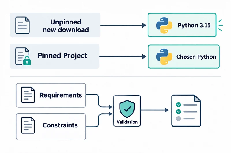 버전을 고정하지 않은 새 다운로드는 Python 3.15, 고정한 프로젝트는 선택한 Python으로 향하며 requirements와 constraints는 별도로 검증에 모인다.