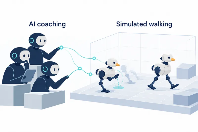흰색 배경의 왼쪽에는 ‘AI coaching’ 라벨 아래 흰 얼굴과 청록색 귀 고리가 있는 남색 에이전트 세 명이 회청색 받침 뒤에 배치된다. 청록색 곡선과 원형 점들이 오른쪽 ‘Simulated walking’ 라벨 아래 격자 바닥과 옅은 벽선으로 둘러싸인 공간으로 이어지며, 그 안에는 주황색 부리와 남색 관절을 가진 흰색 두 발 로봇 두 대, 반투명한 보행 잔상, 청록색 점선 궤적과 회청색 직육면체 두 개가 보인다.