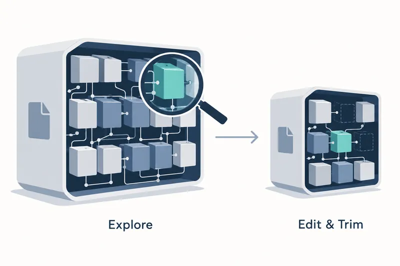A 3D illustration on white shows a large navy box containing connected white, blue-gray, and teal blocks, a magnifier enlarging a teal block, and an ‘Explore’ label. A rightward arrow leads to a smaller box with dotted outlines marking missing blocks and an ‘Edit & Trim’ label.