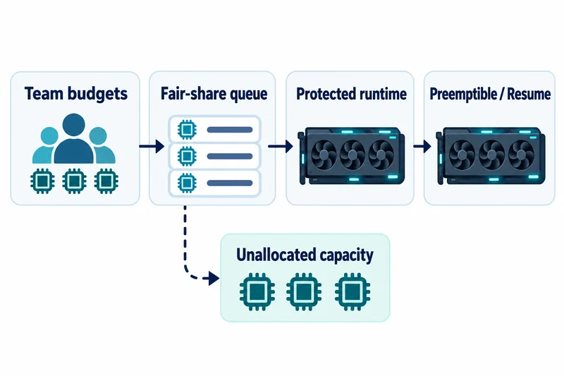 Team budgets lead through a fair-share queue to protected runtime and then preemptible or resumed work, with a separate dashed branch for unallocated capacity.