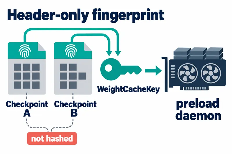 A Header-only fingerprint title sits at the top. On the left, two files labeled Checkpoint A and Checkpoint B each have a teal top band with a fingerprint icon and a grey body whose square pattern differs slightly. Arrows from both top bands meet at one teal key labeled WeightCacheKey, and an arrow from the key points to a preload daemon GPU card on the right. Dashed lines under the two files lead to a not hashed tag.