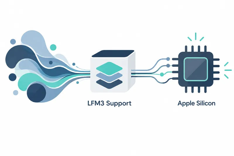 A simple illustration on a white background shows overlapping shapes representing the LFM3 model family and a chip shape representing Apple silicon optimizations.