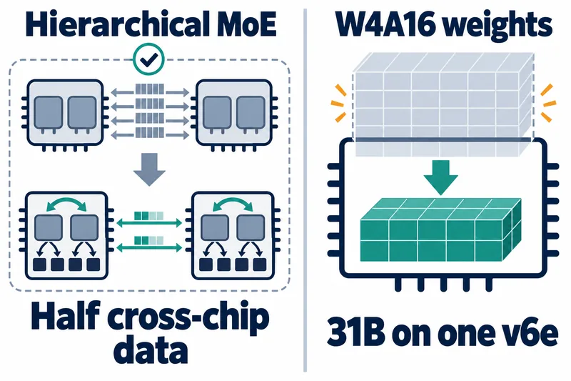 Two panels on white: hierarchical MoE reduces cross-chip arrows from four to two; weight compression shrinks an overflowing block to fit inside one chip.