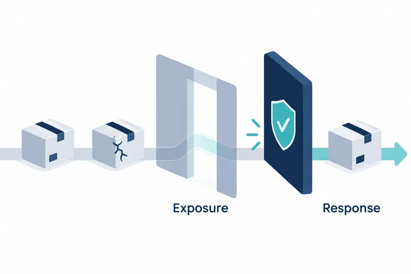 On a white background, two white boxes with navy tape sit on the left, with a crack in the right-hand box. In the center are a gray-blue doorframe-shaped structure labeled ‘Exposure’ below and a navy panel with a teal shield bearing a white check mark. On the right is a white box labeled ‘Response’, with a horizontal band shifting from gray to teal leading into a right-pointing arrow.