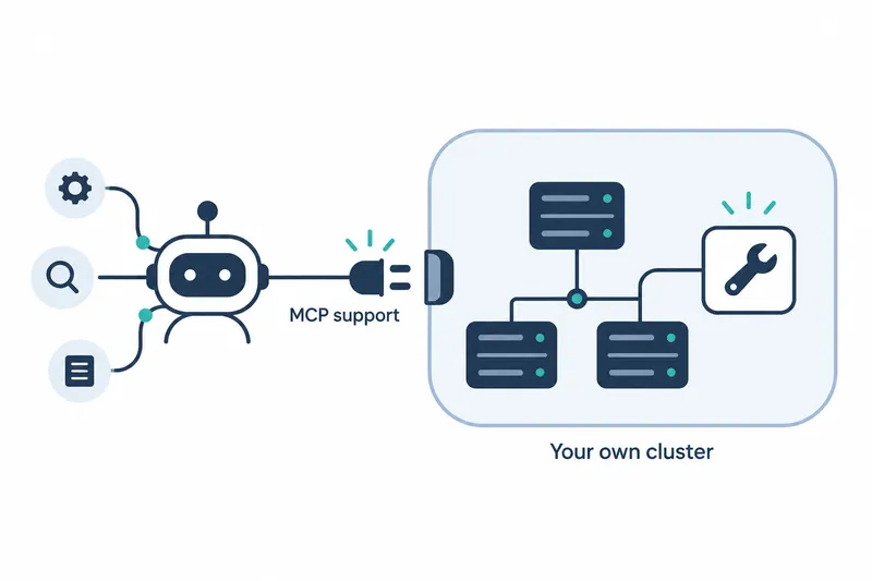 On a white background, a navy robot on the left connects by lines to gear, magnifying glass, and document icons. In the center, 'MCP support' appears below a plug shape. On the right, 'Your own cluster' appears below a light blue rounded rectangle containing 3 navy servers and a wrench icon connected by lines. Connection points and accent lines are teal.