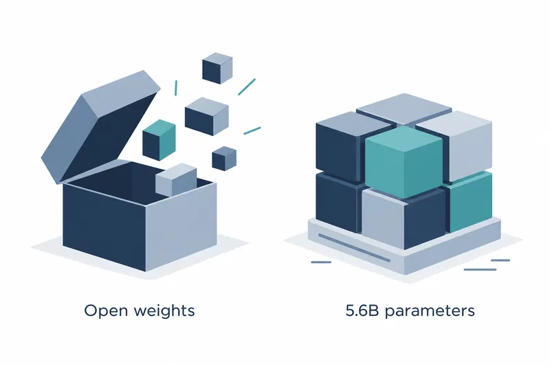 A conceptual diagram on white: an open navy and blue-gray box with floating blocks represents the weights release, while a cluster of small cubes with teal blocks represents the 5.6 billion-parameter generator.
