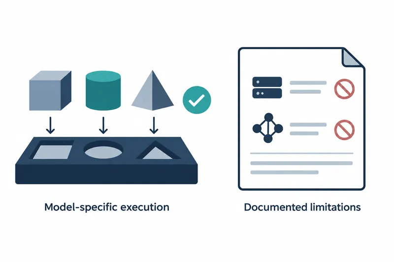 On a white background, a blue-gray cube, teal cylinder, and blue-gray pyramid sit above square, round, and triangular holes in a navy base on the left, with downward arrows. A teal circle contains a white check mark, with 'Model-specific execution' below. On the right, a document shows server and network icons, gray horizontal lines, and two red prohibition symbols, alongside 'Documented limitations'.