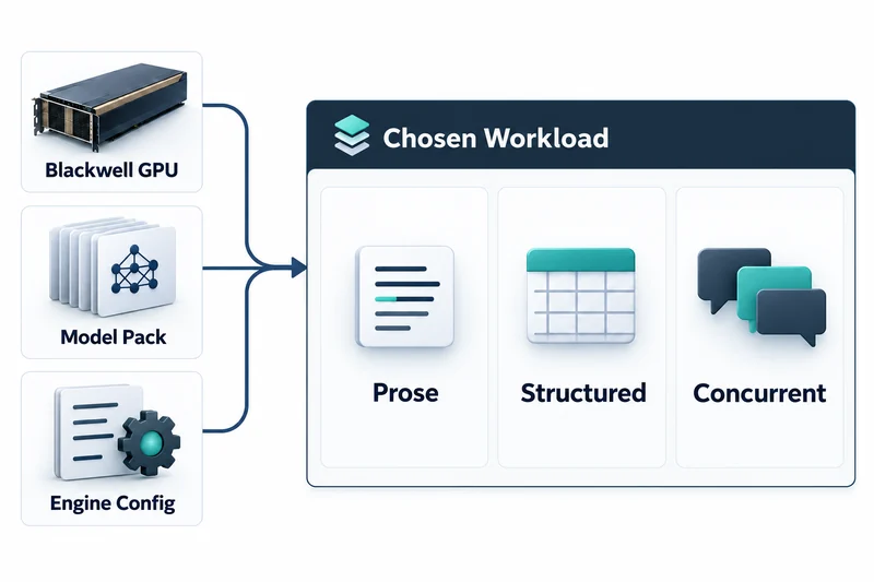 Blackwell GPU, Model Pack, Engine Config가 Prose·Structured·Concurrent 항목이 있는 Chosen Workload로 이어진다.