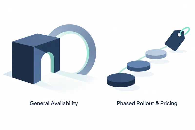 On a white background, the left shows a navy arch with a teal interior and a blue-gray ring behind it with a teal inner rim. Below them is ‘General Availability’. On the right, three circular platforms fade from navy to pale blue-gray along a teal curve rising to the upper right, beside a navy price tag with a teal ring. Below them is ‘Phased Rollout & Pricing’.