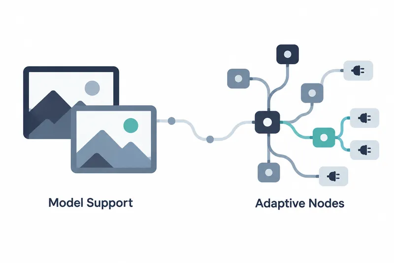 On a white background, two overlapping frames on the left contain navy and gray-blue mountains and gray-blue and teal circles, with ‘Model Support’ below. On the right, navy, gray-blue, and teal rounded nodes containing white circles connect via curves to light gray boxes with plug symbols, with ‘Adaptive Nodes’ below.