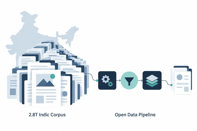 On the left of a white background, navy, gray-blue, and white documents overlap in front of a pale gray-blue map of India. Below is ‘2.8T Indic Corpus’. On the right, lines connect a gear in a navy square, a funnel in a teal circle, three stacked diamonds in a navy square, and a small bundle of documents. Right arrows appear between the middle stages, with ‘Open Data Pipeline’ below.