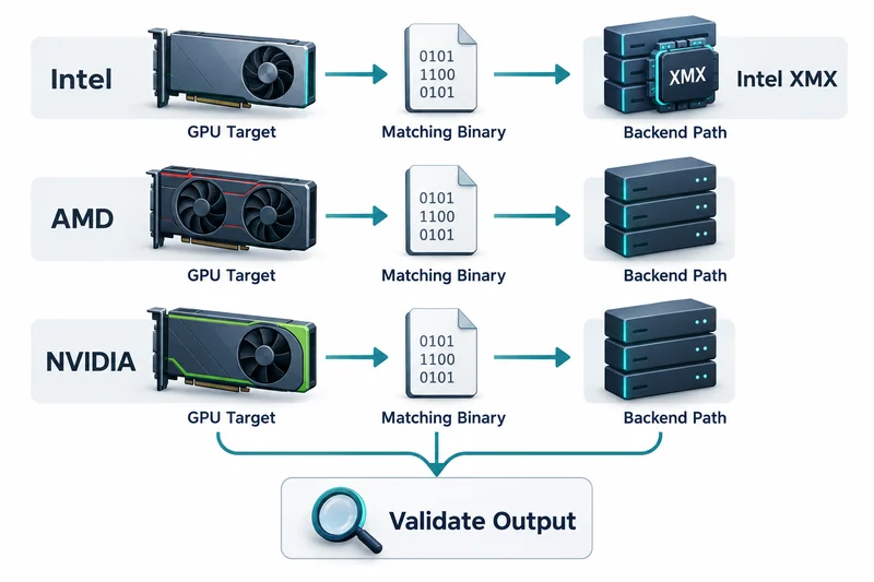 Intel, AMD and NVIDIA rows connect GPU Target to Matching Binary and Backend Path; Intel XMX is shown only on the Intel row, with Validate Output below.