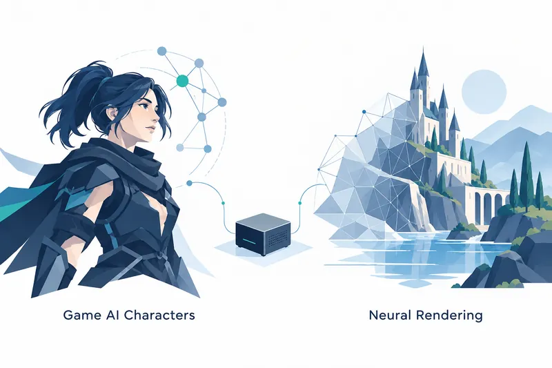 흰 배경 왼쪽에는 남색 옷을 입은 인물과 파란색·청록색 점을 잇는 선, 아래에는 'Game AI Characters' 라벨이 있고, 중앙 아래에는 양쪽으로 곡선이 이어진 작은 상자형 기기가 있으며, 오른쪽에는 삼각형 격자가 겹친 푸른 절벽과 성·나무·수면 풍경, 그 아래에는 'Neural Rendering' 라벨이 있다.