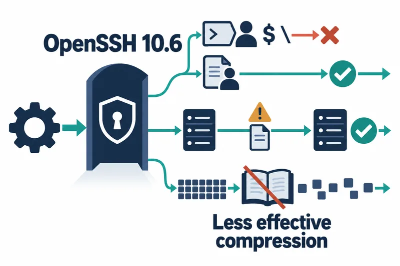 흰 배경에서 자동화 톱니가 OpenSSH 10.6 방패로 들어간다. 화살표는 차단된 $·\ 포함 사용자명, 승인된 설정, 경고가 뜬 서버 간 복사, 흩어지는 데이터로 이어져 업그레이드 점검 사항과 압축 효과 감소를 나타낸다.