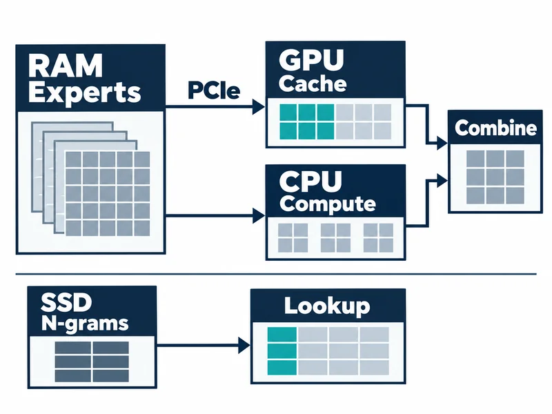 RAM ExpertsからPCIeを経由してGPU Cacheへ、別の矢印でCPU Computeへつながる。両経路はCombineで合流する。下部にはSSD N-gramsからLookupへ続く独立した検索経路がある。