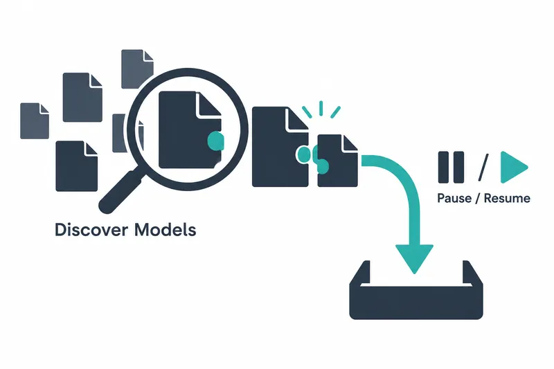 On white, navy and blue-gray files and a navy magnifier sit above ‘Discover Models’ on the left. Central navy files interlock like teal puzzle pieces with teal accents. A curved teal arrow points to a navy base at lower right. A navy pause symbol and hatching, a teal play triangle, and ‘Pause / Resume’ sit at upper right.