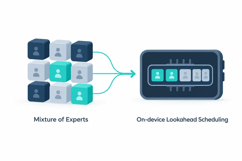 A conceptual diagram on a white background shows selected teal experts among navy and blue-gray expert blocks being prefetched into a phone along arrows.