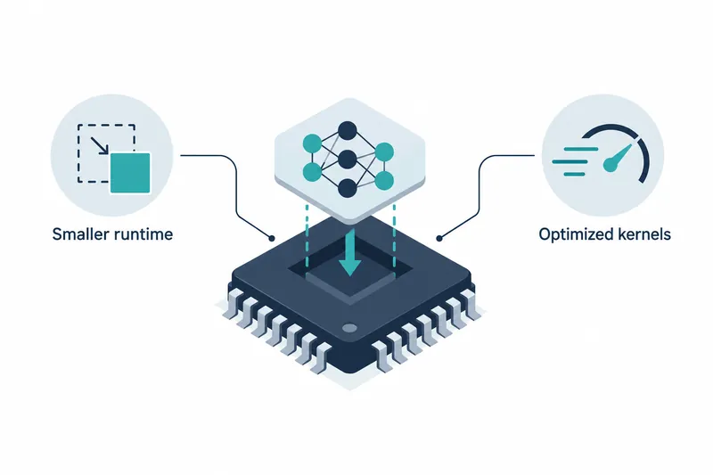 On a white background, a pale blue-gray board with connected navy and teal nodes sits above a navy chip with silver-gray pins. A teal downward arrow and dotted lines connect them. On the left, a circular graphic shows an arrow from a dotted square to a small teal square, labeled ‘Smaller runtime’. On the right, a circular graphic contains a navy and teal speedometer, labeled ‘Optimized kernels’.