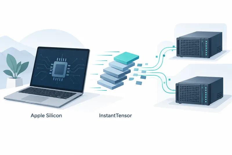 On a white background, a silver laptop sits beside a plant on the left, with a chip and circuit diagram on its navy screen and an ‘Apple Silicon’ label below. In the center is a stack of blue-gray slabs topped by a teal slab, with an ‘InstantTensor’ label below. Teal curves extend through small teal and blue-gray squares to the right of the stack, connecting to two navy servers at the upper and lower right.