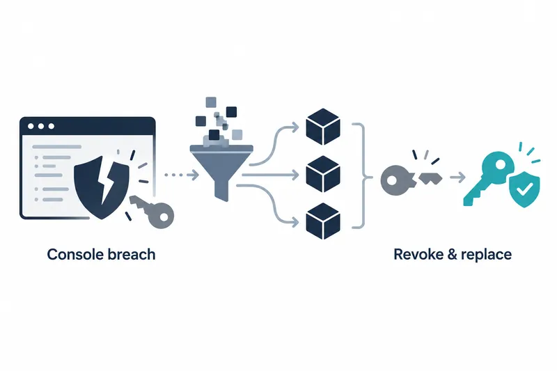 On white, the left shows a navy-outlined console, cracked navy shield, gray key and ‘Console breach’ label. Center arrows lead from a funnel of blue-gray squares to three navy cubes. On the right, beside braces, an arrow leads from a broken gray key to a teal key and a teal shield with a white check mark, with the label ‘Revoke & replace’.