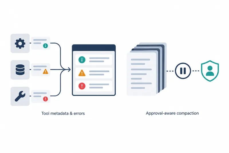 On white, navy gears, a cylinder, a wrench, and blue-gray cards with teal information, orange warning, and red exclamation symbols feed a central panel via navy arrows. Right: overlapping blue-gray documents, a dotted link to a navy pause symbol, and a teal human-shaped shield. Below: ‘Tool metadata & errors’ and ‘Approval-aware compaction’.
