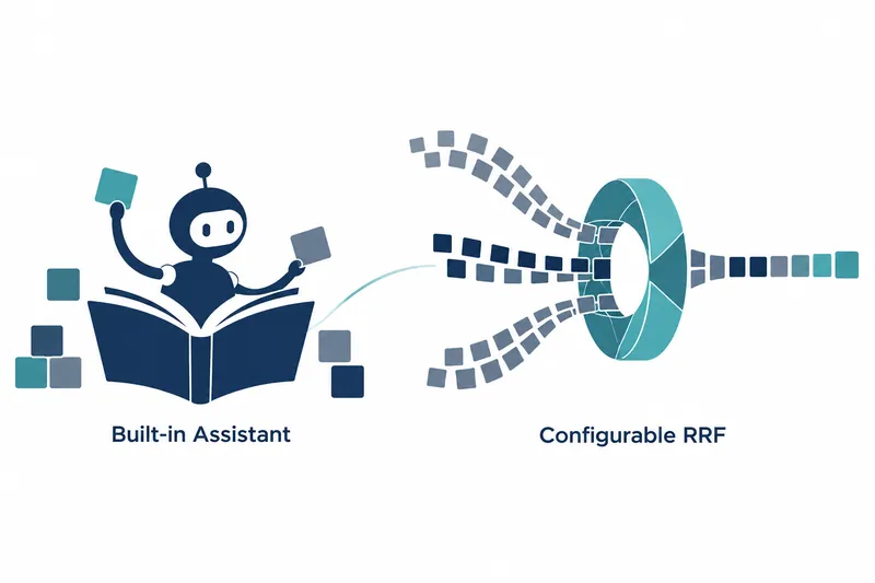 On a white background, a navy robot on an open navy book holds teal and gray squares, with small squares around it and the label ‘Built-in Assistant’ below. On the right, streams of navy and gray squares converge through a teal ring into one line extending right, above the label ‘Configurable RRF’.