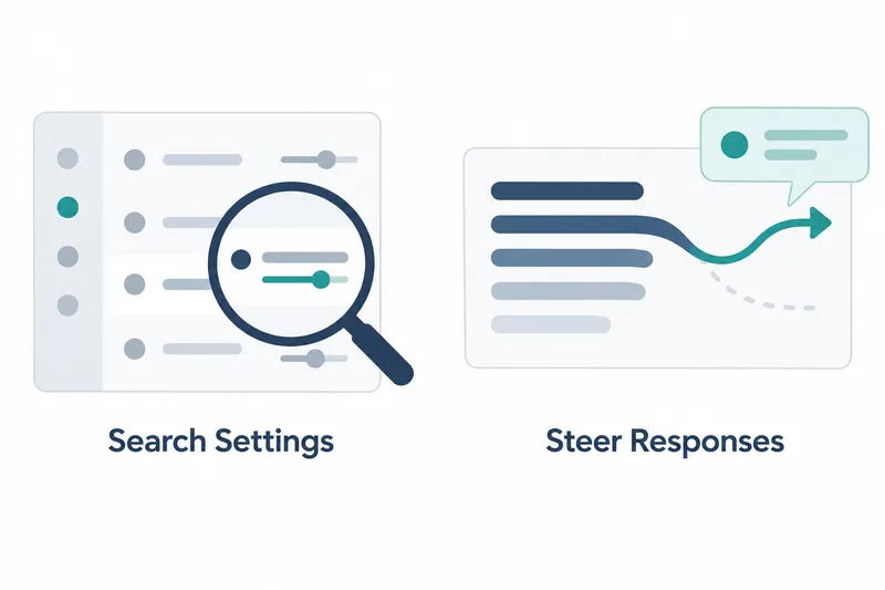 A horizontal concept illustration on white, in navy and blue-gray. A magnifying glass examines settings beside a response path redirected by a follow-up instruction bubble and teal arrows.