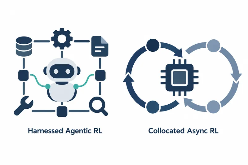 On a white background, a navy and light-gray robot sits on the left, linked to a database, gear, document, magnifying glass, wrench, and square nodes. Teal curves extend to either side of the robot, with 'Harnessed Agentic RL' below. On the right, navy and blue-gray circular nodes and curved arrows surround a navy chip, with 'Collocated Async RL' below.