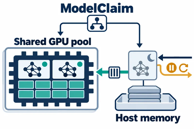 A controller oversees a shared GPU Pod with two awake engines and cache tiles. A sleeping engine links to weights in host memory; arrows and pause/retry symbols show request and wake paths.