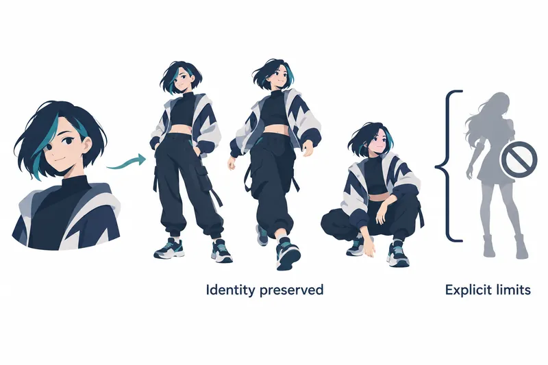 On a white background, the left shows an upper-body portrait with a navy bob and teal streaks. Beyond a teal right arrow are three full-body figures standing, walking, or squatting in matching navy and off-white jackets and navy trousers, with the label ‘Identity preserved’ below. On the right, a navy brace sits beside a gray silhouette with long hair and a skirt, overlaid with a prohibition sign, with ‘Explicit limits’ below.