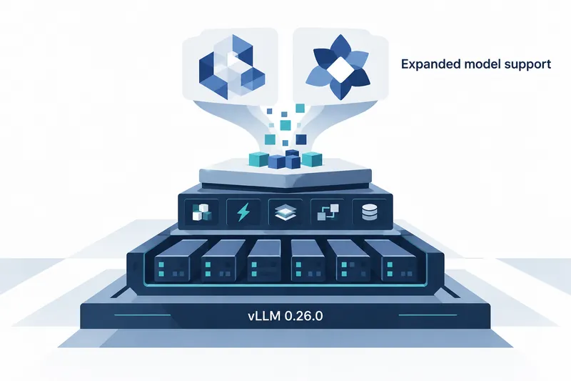 A conceptual diagram on a white background connects shapes representing two models above navy and teal server bases, illustrating the inference engine update and expanded model support.