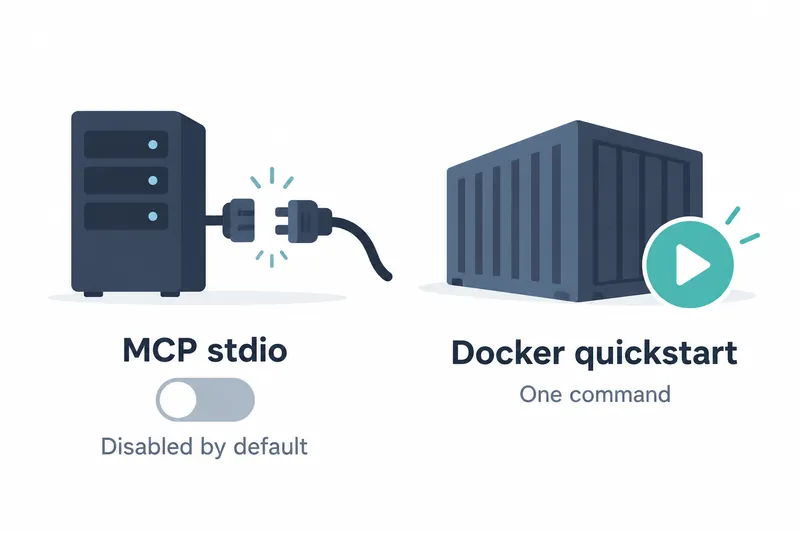 On a white background, the left shows a navy server, a disconnected plug, and a short teal accent line. It also shows ‘MCP stdio’, a blue-gray toggle with its white knob on the left, and ‘Disabled by default’. On the right are a blue-gray container, a teal circular play button with a white triangle, and the labels ‘Docker quickstart’ and ‘One command’.