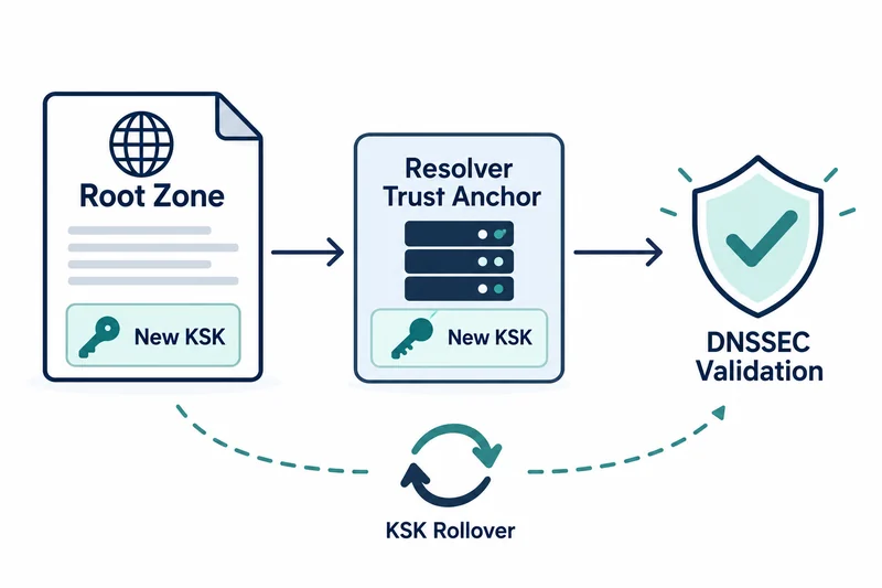 ルートゾーンとリゾルバーのトラストアンカーにNew KSKが示され、DNSSEC検証の盾へつながり、下に鍵交代の点線がある。