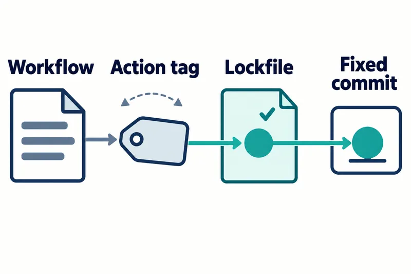 Arrows link a workflow document, action tag, reviewed lockfile, and fixed commit card, showing how a readable tag is separated from the commit used for execution.