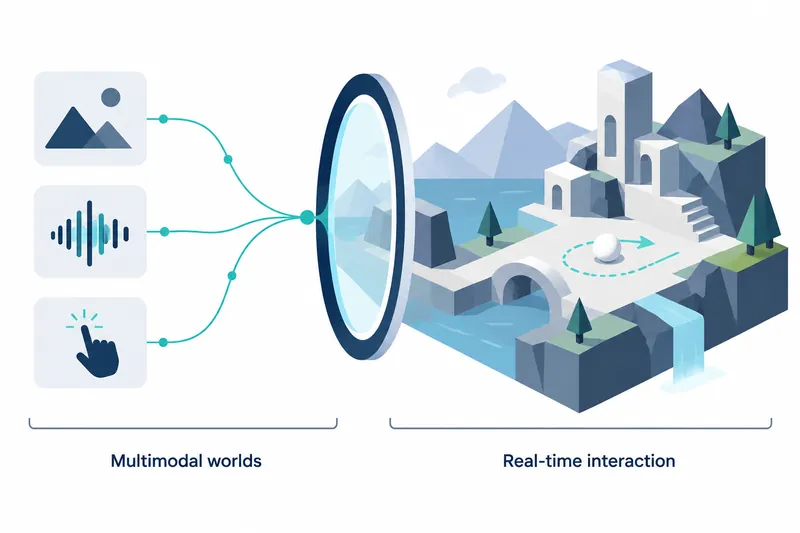 On a white background, mountain, sun, sound-wave and finger icons on the left connect via teal lines to a central navy oval ring. On the right, a 3D landscape features blue mountains and water, teal trees, a white tower, stairs and a bridge, a white ball and a curved teal arrow. Below are the labels ‘Multimodal worlds’ and ‘Real-time interaction’, respectively.