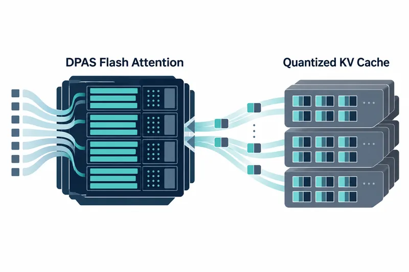 On white, a dark navy device with teal bars and dots sits below 'DPAS Flash Attention' on the left. Pale teal curved bands link it to three blue-gray blocks of small divided rectangles below 'Quantized KV Cache' on the right.