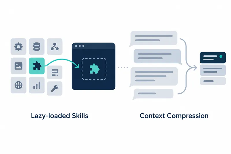 On a white background, a curved teal arrow on the left links a teal puzzle tile among gray icon tiles to a teal puzzle piece in a navy window, above ‘Lazy-loaded Skills’. On the right, gray arrows lead from four gray speech bubbles to three stacked navy and gray cards, above ‘Context Compression’.