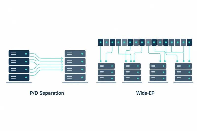 On a white background, two stacks of four navy and blue-gray rectangles on the left are linked by a teal right arrow, with 'P/D Separation' below. On the right, navy and blue-gray blocks containing small teal squares form a row, linked by teal lines to four stacks of three rectangles below, with 'Wide-EP' underneath.